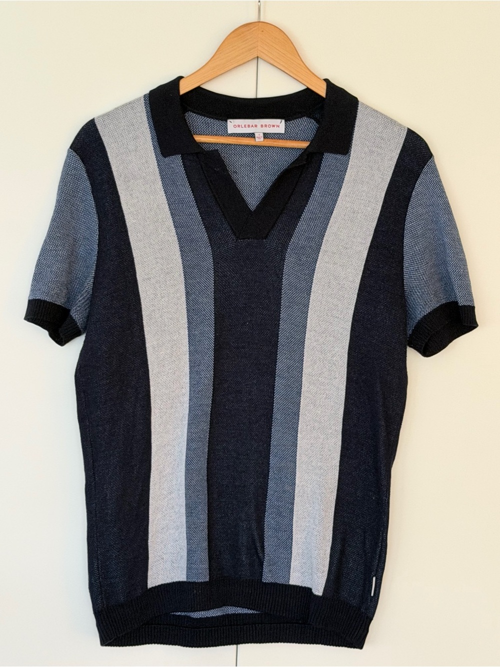 Orlebar Brown Knit Polo — Navy & Grey Stripe, Size S (Made in Italy)